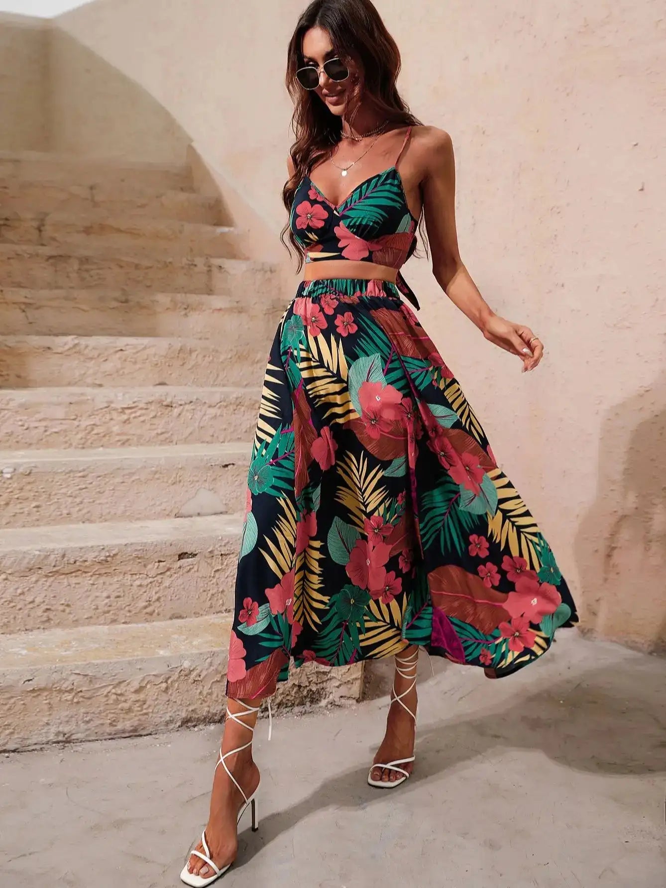 Y2K Bikini Crop Tops Long Dress Sexy Set for Women Summer Fashion Two Pieces Skirt Beach Style Floral Print Midi Sexy Boho Sets