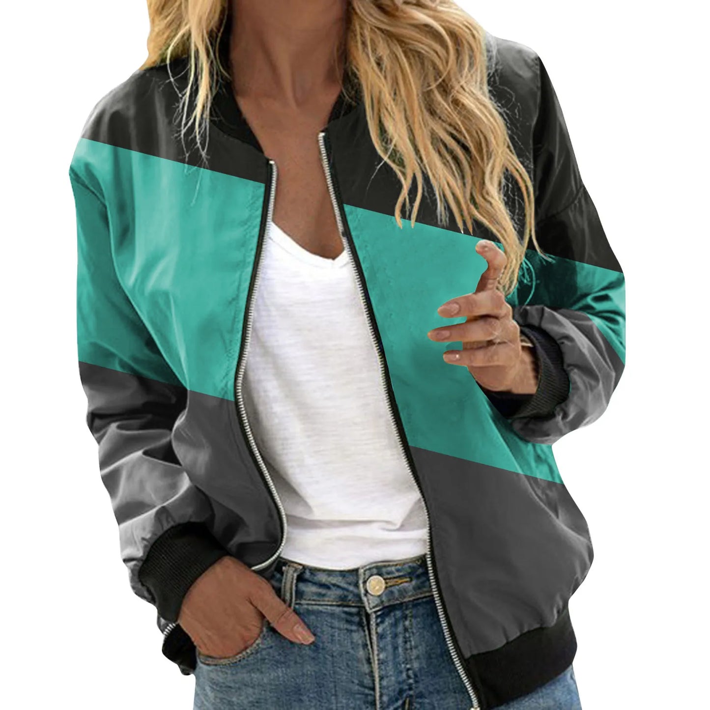 2024 Autumn Elegant Zipper Bomber Jacket for Women Striped Jackets Office Ladies Zip Up Stand Collar Sports Coat Outwear - Premium jacket from Lizard Vigilante - Just $32.99! Shop now at Lizard Vigilante