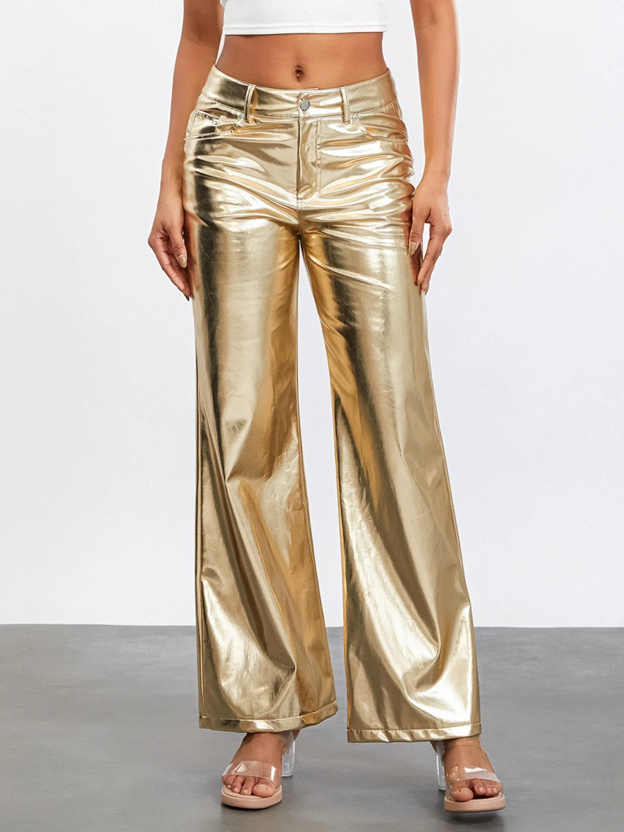 Women s Metallic Jeans Loose Low Waist Button Straight Leg Long Length Gold Trousers Glitter Pants with Front Pockets - Premium  from Lizard Vigilante - Just $38.99! Shop now at Lizard Vigilante