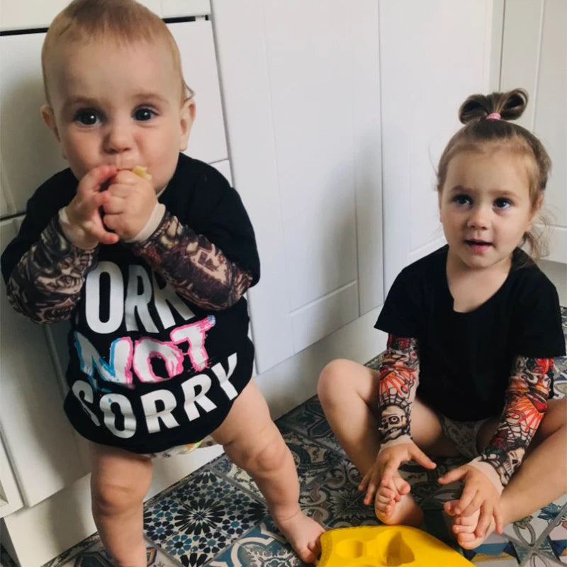 Little Rebel Inked Long Sleeve Tee – punk rock tattoo-print cotton top for future stage legends