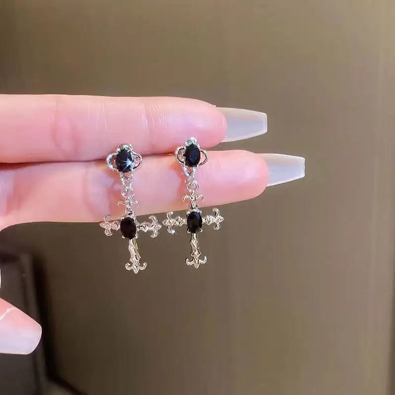 Gothic Cross Black Drill Drop Earrings – Punk Halloween Jewelry for Women - Premium earrings from Lizard Vigilante - Just $19.88! Shop now at Lizard Vigilante