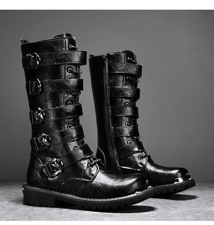 DEADFUEL BLACKOUT: Men’s Mid-Calf Leather Motorcycle Boots with Zip Buckle – Streetwear Punk Cowboy Tool Boots for Winter Chaos - Premium boots from dsers - Just $135.99! Shop now at Lizard Vigilante