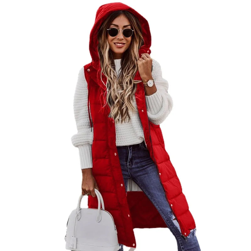 Women's Long Hooded Cotton Down Vest | Quilted Sleeveless Jacket | Warm Autumn/Winter Outwear (5XL) - Premium vest from Lizard Vigilante - Just $41.99! Shop now at Lizard Vigilante