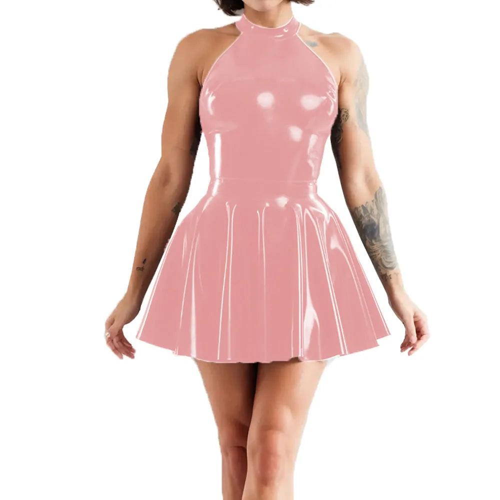 Shiny Sleeveless A-Line Pleated Mini Dress Halter Neck Skater Wet PVC Leather Swing Skirt Dress Latex-look Clubwear - Lizard Vigilante