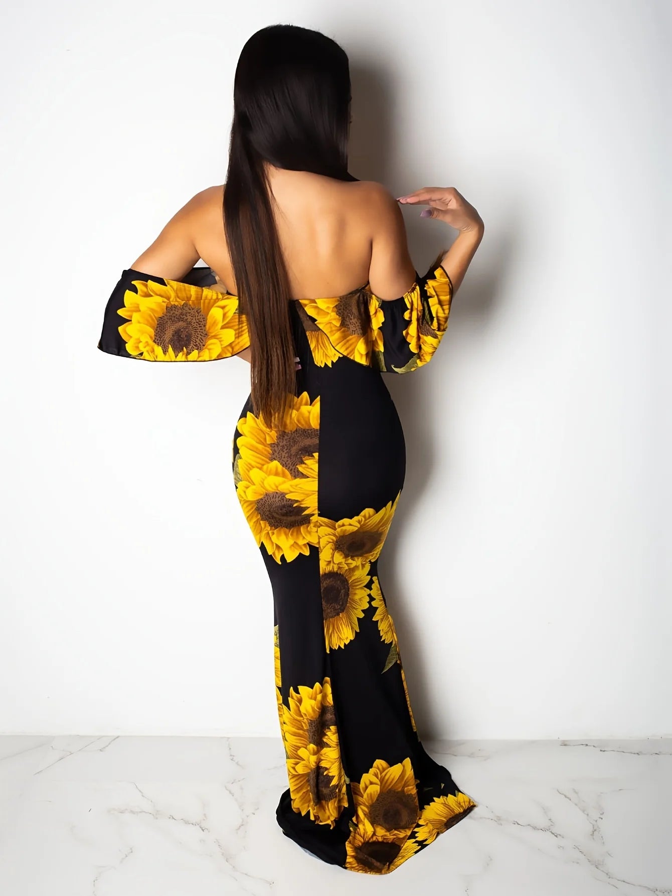 Women Rose Sunflower Floral Print Strapless Sexy Bodycon Slash Neck Off Shoulder Short Sleeve Polyester Floor Length Maxi Dress - Premium  from Lizard Vigilante - Just $51.99! Shop now at Lizard Vigilante