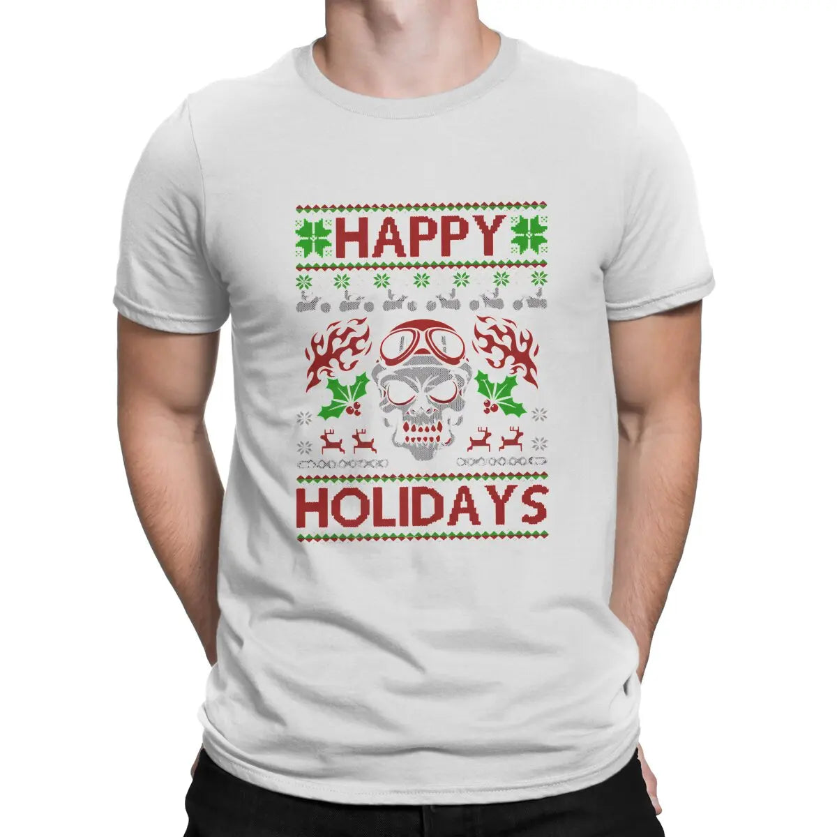 Happy Holidays Evil Skull Santa TShirt for Men Biker Christmas Sweater Tee Round Collar Polyester T Shirt Personalize Gift Clothes Tops - Premium T-Shirt from Lizard Vigilante - Just $24.59! Shop now at Lizard Vigilante