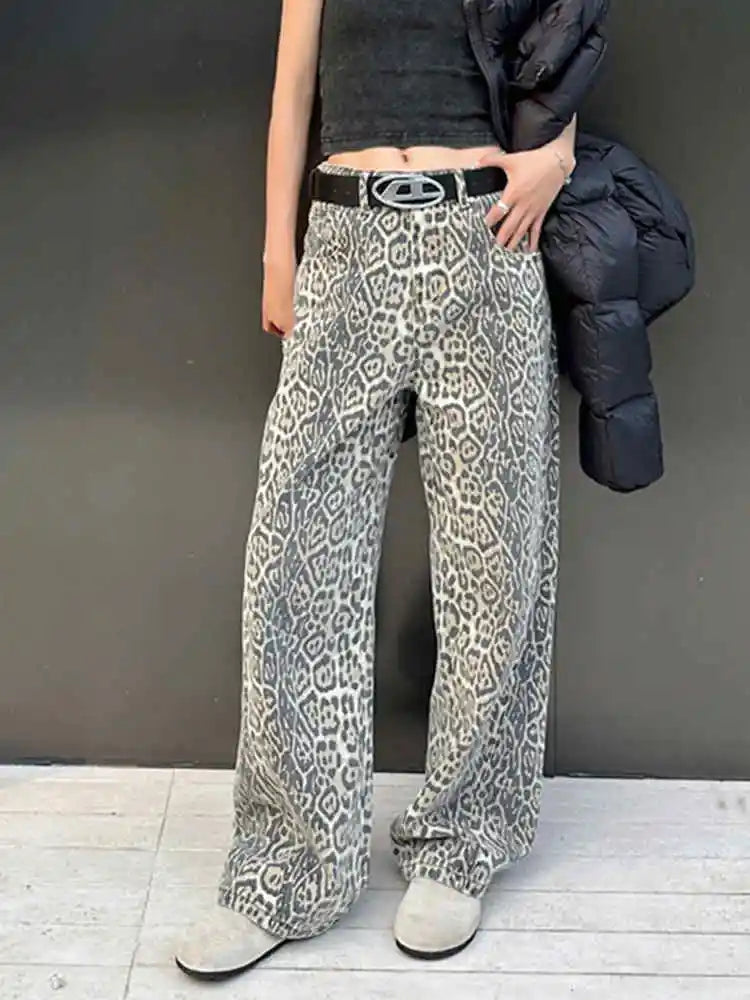 Y2k Vintage Leopard Print Loose Women Jeans Autumn New Classic Straight High Waist Slim Casual Fashion Female Jeans 2024 New