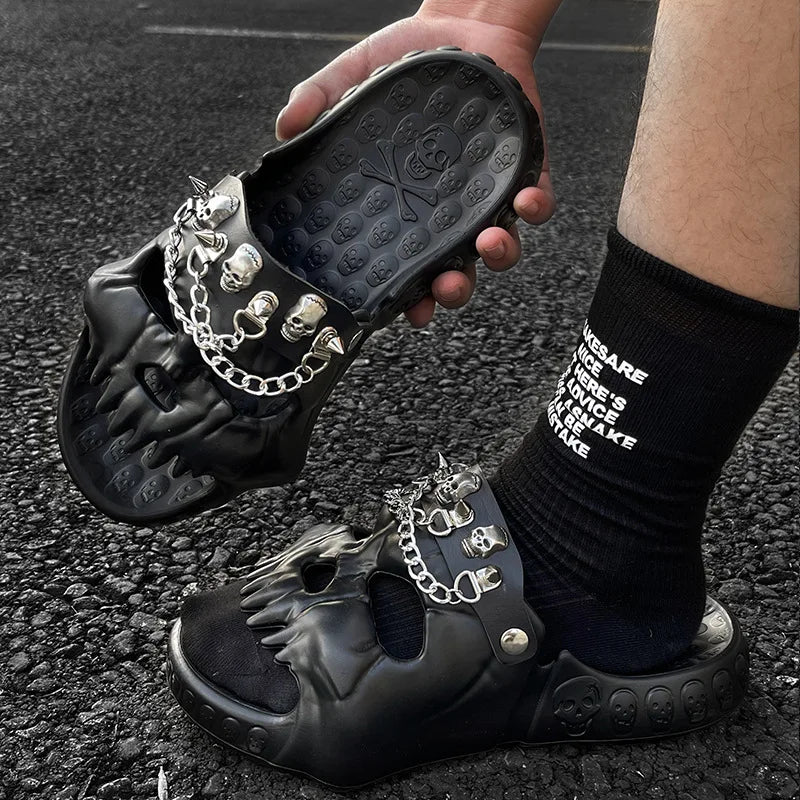 Studded Chain Decoration Skull Design Sandals Shoes Summer Outdoor Novelty Slides Thick Sole Male Sandals - Premium slippers from Lizard Vigilante - Just $39.99! Shop now at Lizard Vigilante