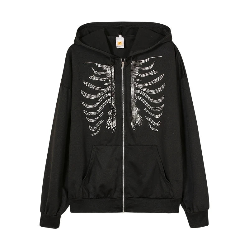 Rhinestone Skeleton Hoodies Women Gothic Black Zip Up Oversized Sweatshirts Y2K Female Retro Harajuku Hooded Jacket Streetwear - Premium hoodies from Lizard Vigilante - Just $37.95! Shop now at Lizard Vigilante