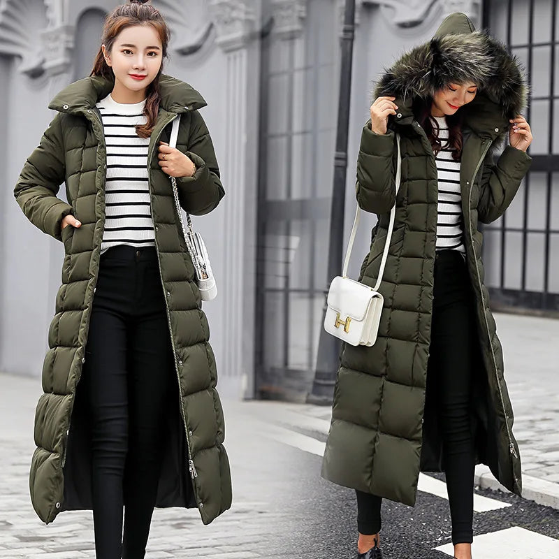 UHYTGF 2024 Winter Women's Long Parka – Bow Belt Fox Fur Collar Oversized Vintage Thick Coat - Premium coat from Lizard Vigilante - Just $58.88! Shop now at Lizard Vigilante