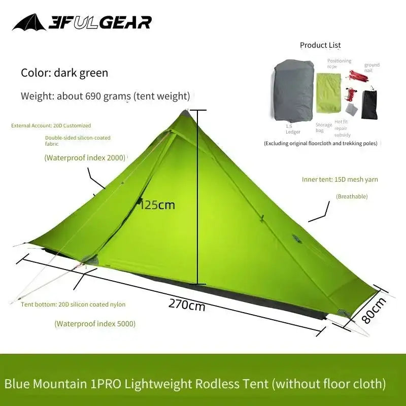 [HODR] 3F UL GEAR Lanshan 1 pro Tipi Tent Rodless Solo Ultralight 690g 20D Nylon Fabric Camping Season Tent Trekking Tents