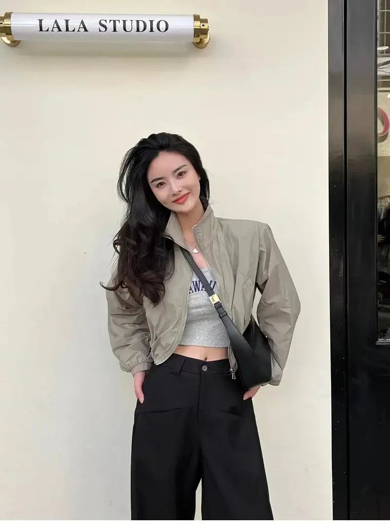 2024 Autumn Vintage Women's Windbreaker Cropped Jackets Harajuku Oversized Streetwear Long Sleeve Fashion Female Elegant Top