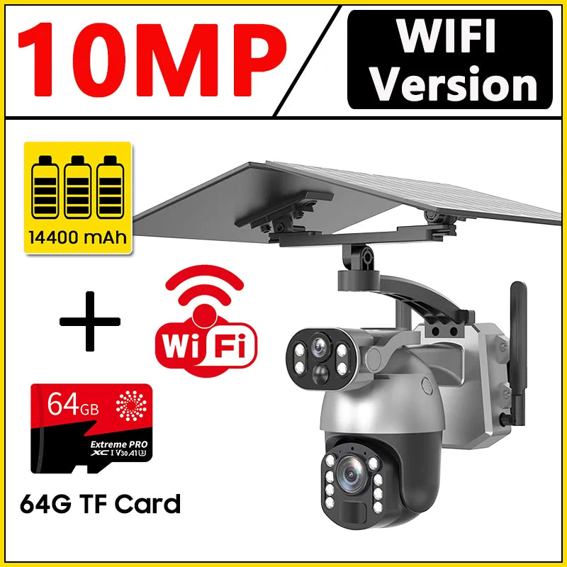 10MP 50x Zoom Dual Lens 4G SIM Solar Camera WIFI Outdoor Surveillance PTZ Human Detection Recording Security Night Vision Camera