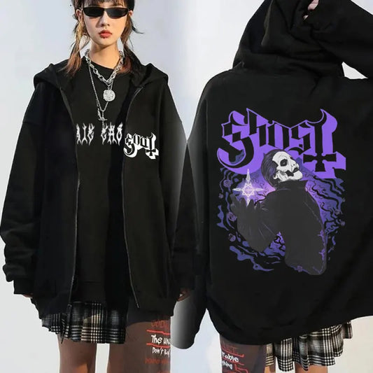 Vintage Ghost Band Oversized Hoodie – Cotton Punk Rock Zip-Up Jacket for Men and Women - Premium  from Lizard Vigilante - Just $48.88! Shop now at Lizard Vigilante