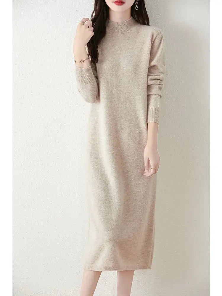 Autumn Winter Women's Wool Long Dress Cashmere Mock Neck Pullover Sweater 100% Merino Wool Soft Knitwear OL Simple Basic Dress