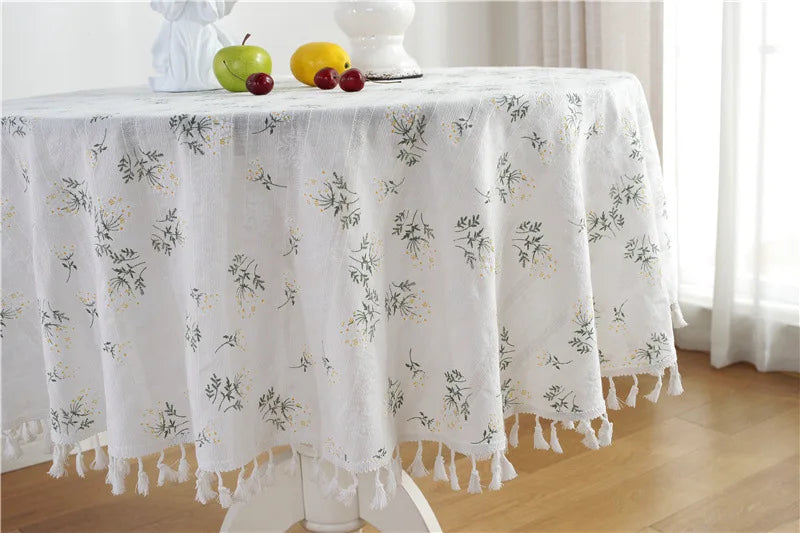 Cotton Table Cloth Round Tablecloth with Tassel Dust-Proof Floret Circular Table Cover for Kitchen Dinning Room Tabletop Decor