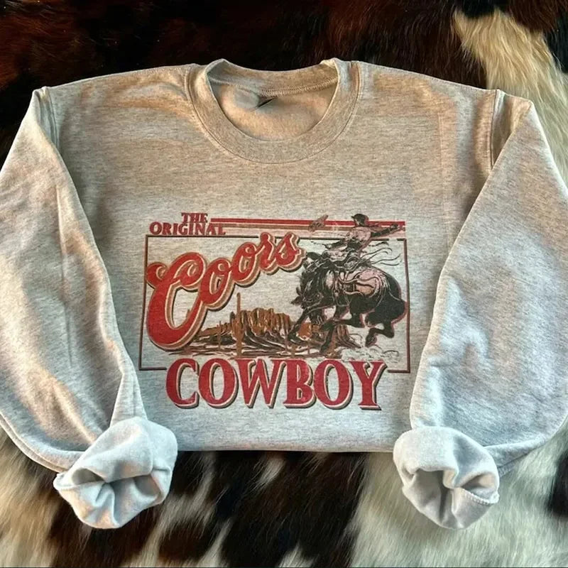 Autumn Vintage Style Cowboy Printing Crewneck Bodycon Sweatshirt Unisex Loose Cotton Thick Warm Women Pullovers Casual Western Tops - Premium tops from Lizard Vigilante - Just $47.99! Shop now at Lizard Vigilante