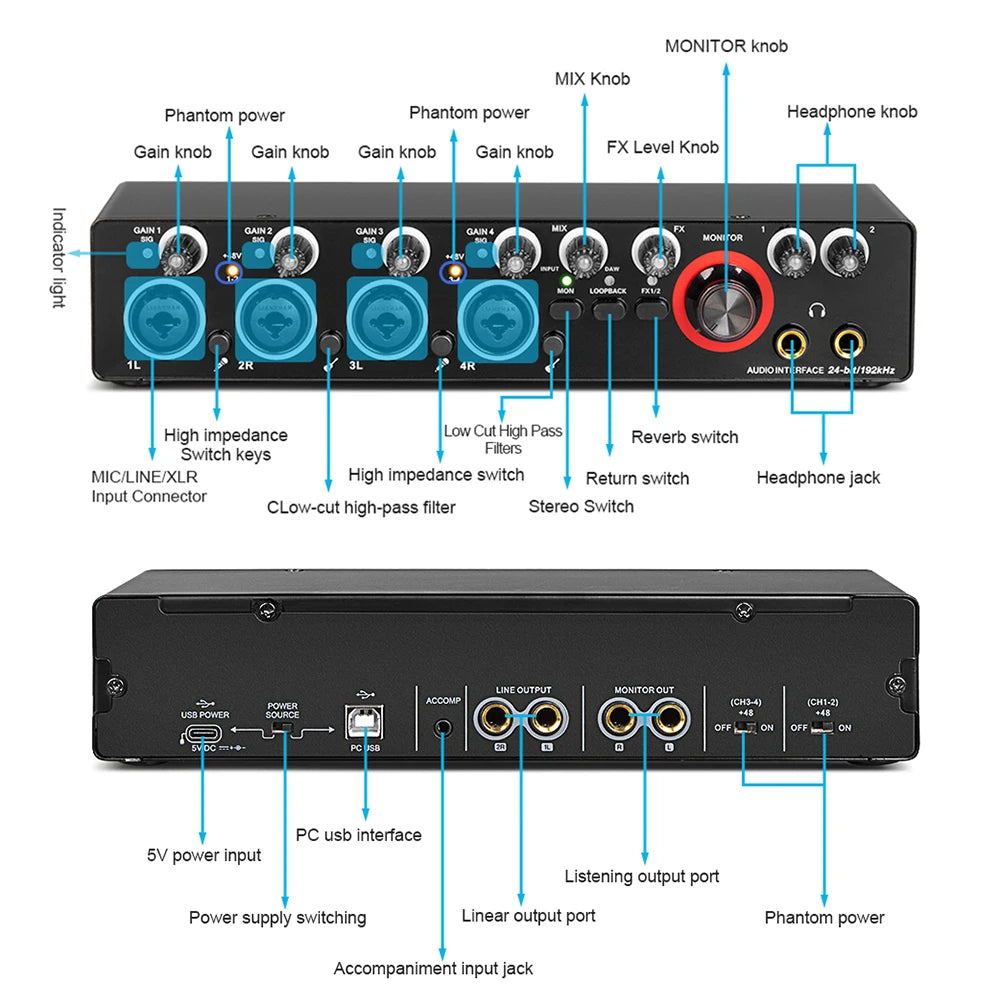 Professional 24Bit 192KHz Audio Interface Sound Card 4 Channel Sound Card for Guitar Loopback USB External Studio PC Recording - Premium  from Lizard Vigilante - Just $75.99! Shop now at Lizard Vigilante