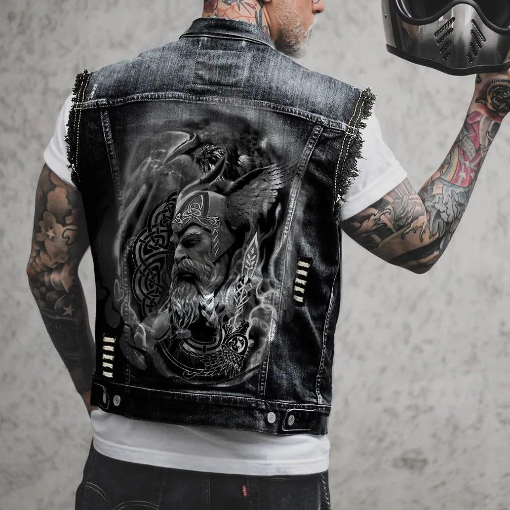 Street Motorcycle Show Winged Eagle Printing Casual Heavy Craftsmanship Worn Out Washed Men's Denim - Lizard Vigilante