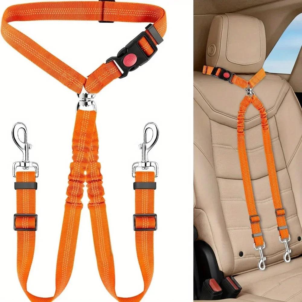 Double Dog Safety Belt: Adjustable Car Headrest Restraint & Splitter Harness for 2 Dogs - Elastic Travel Seatbelt - Premium dog sseat belt from Lizard Vigilante - Just $18.69! Shop now at Lizard Vigilante