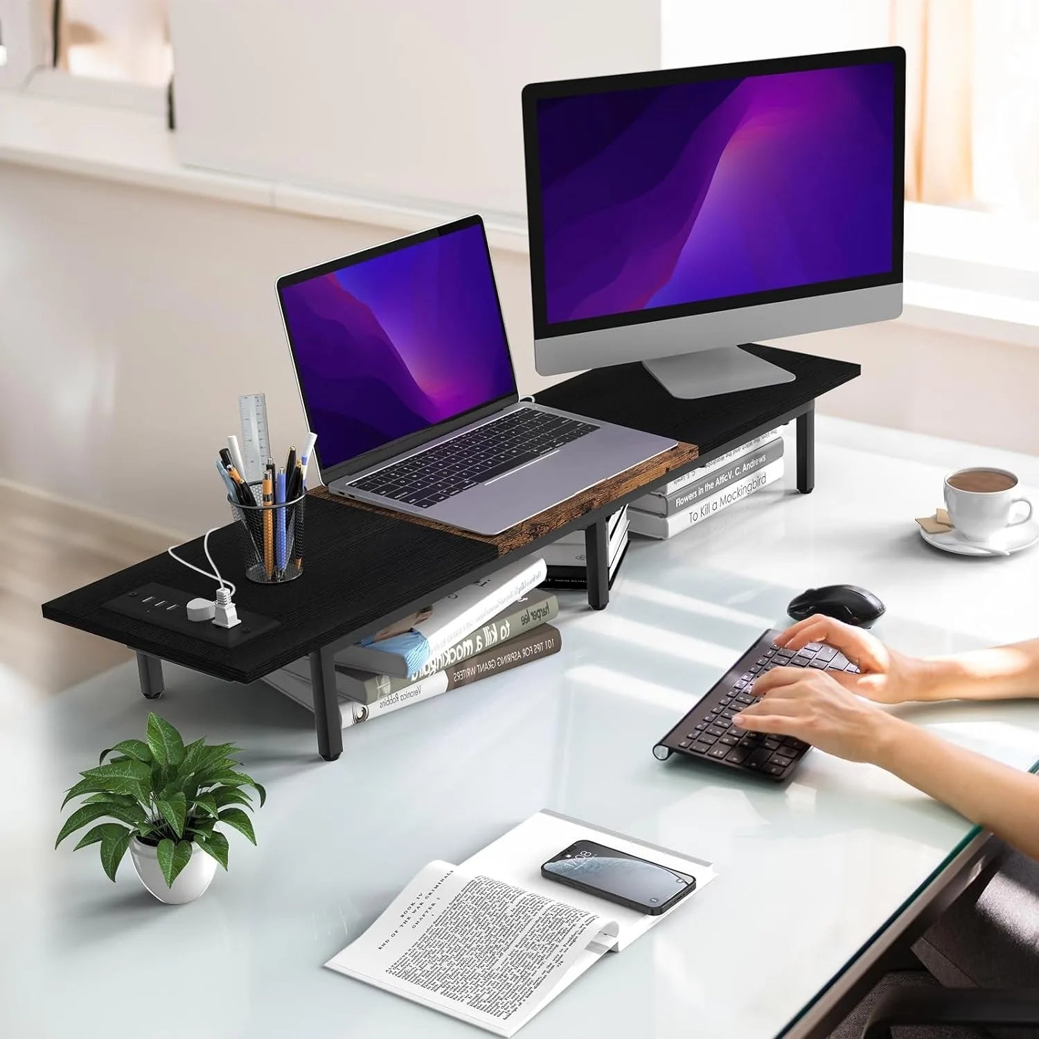 Monitor Stand for 2 Monitors Long Monitor Riser with USB Ports Wood Desktop Computer Riser Monitor Shelf Holder Stand - Premium  from Lizard Vigilante - Just $48.99! Shop now at Lizard Vigilante