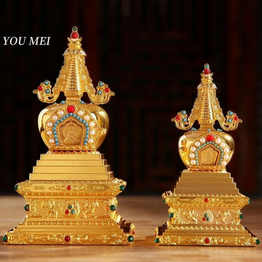 Buddha Statue Pagoda,Engraving Inlaid Gem Tibetan Alloy Double-Layer Tower,Altars Stupa,Buddhist Item Religious Decorative