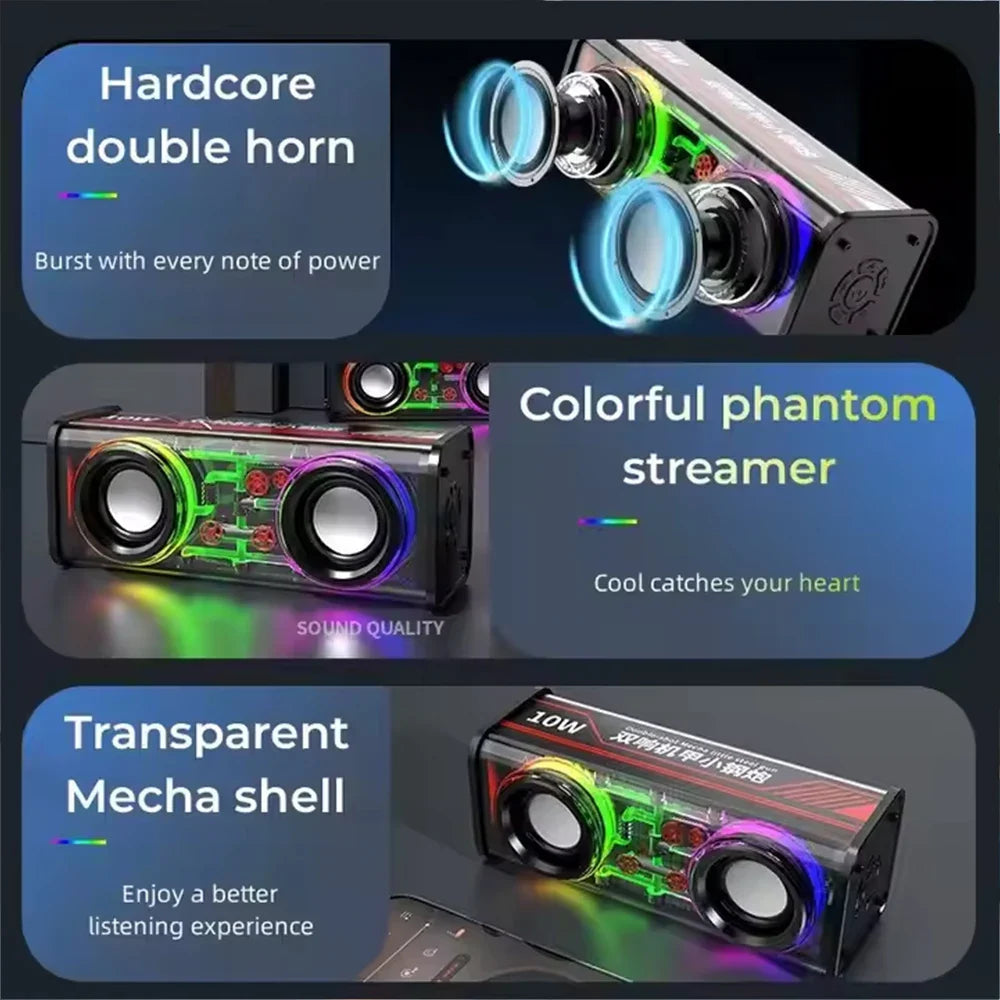 Bluetooth 5.0 Dual Speakers Wireless RGB1800mAh Transparent Mecha Speakers  Light Effect Loudspeaker Bass Subwoofer Mini Speaker