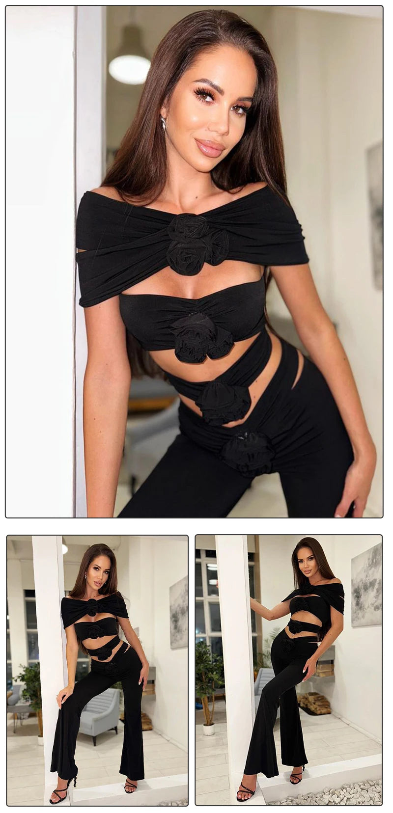 VC Black Two Pieces Set Women Sexy Stereo Floral Crop Top And Long Pants Bodycon Female Clothes Runway Stage Wear - Premium  from Lizard Vigilante - Just $101.99! Shop now at Lizard Vigilante