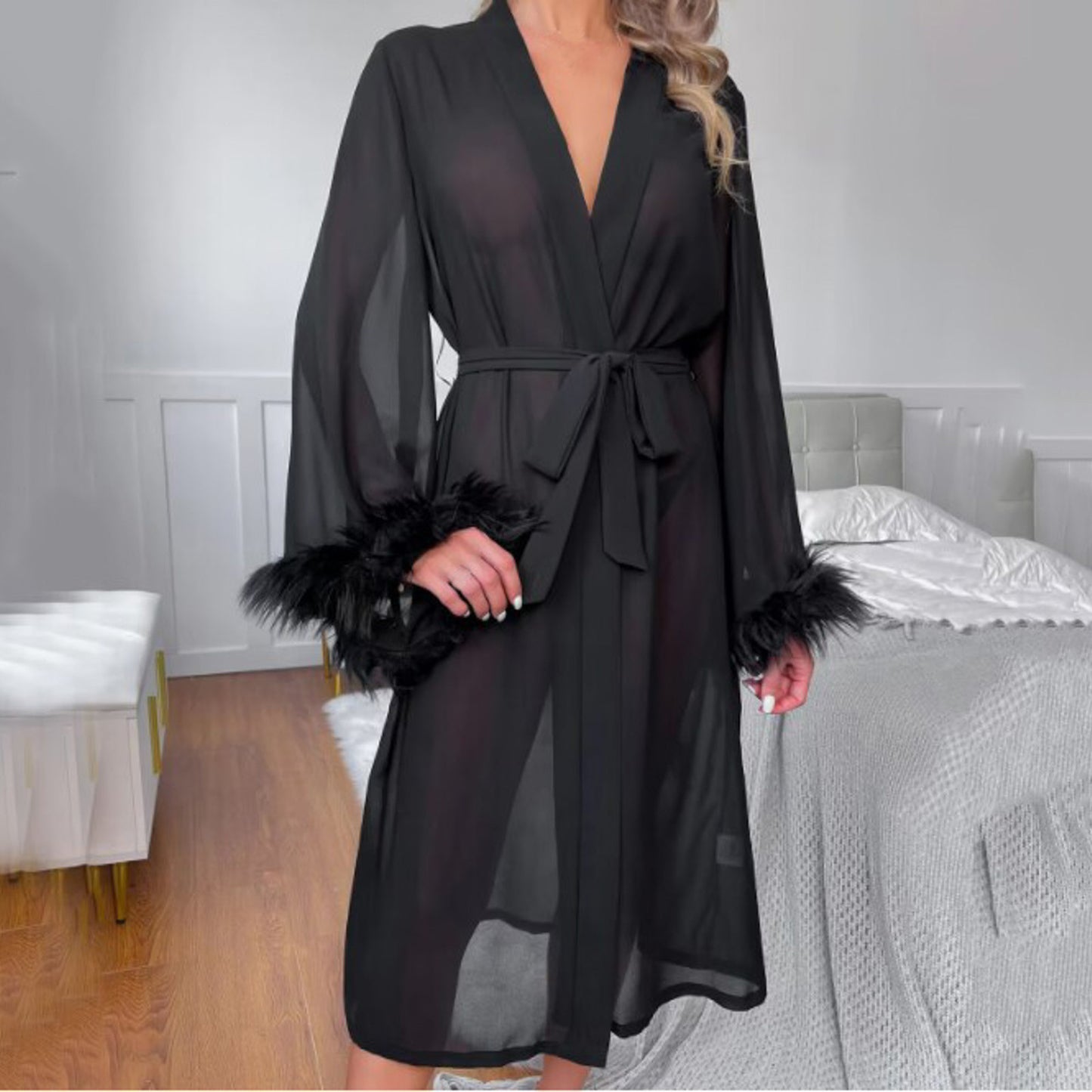 Elegant Summer Women's Silk Feather Robe – Comfortable Long-Sleeved Pajamas Nightgown - Premium robe from Lizard Vigilante - Just $28.88! Shop now at Lizard Vigilante