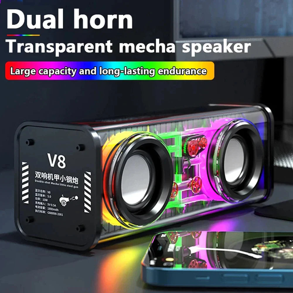 Bluetooth 5.0 Dual Speakers Wireless RGB1800mAh Transparent Mecha Speakers  Light Effect Loudspeaker Bass Subwoofer Mini Speaker