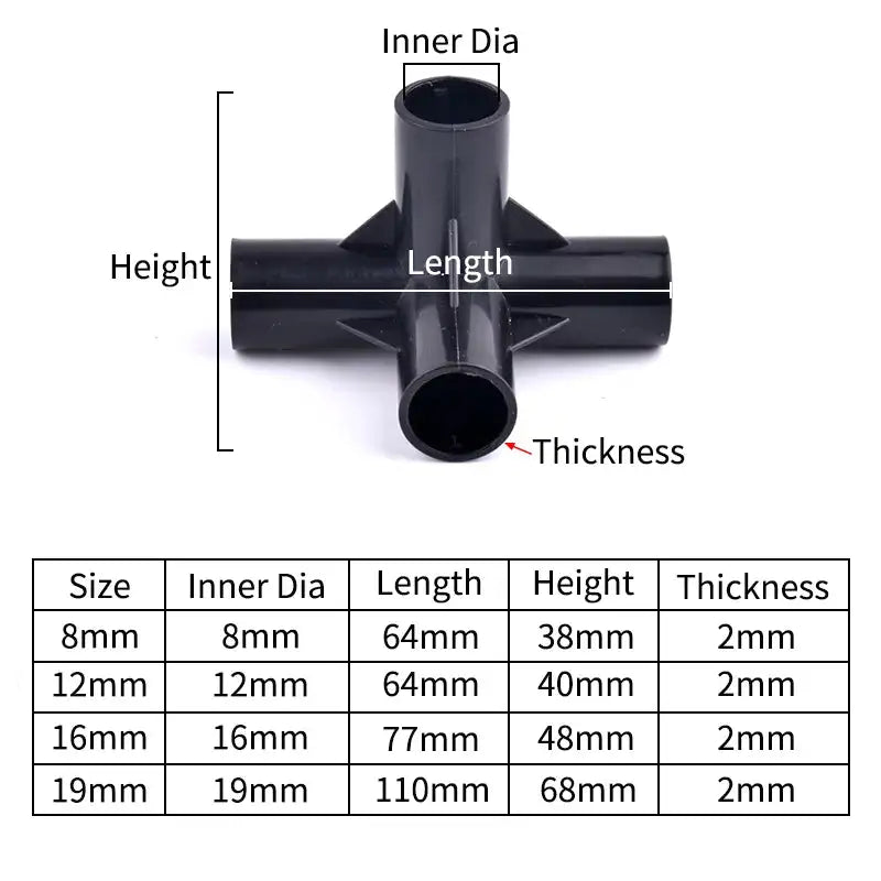 I.D 8/12/16/19mm Black Plastic Pipe Connector DIY Shelf Water Tube Joint Tent Fixed Connector Tee Four Way Elbow Straight Joint