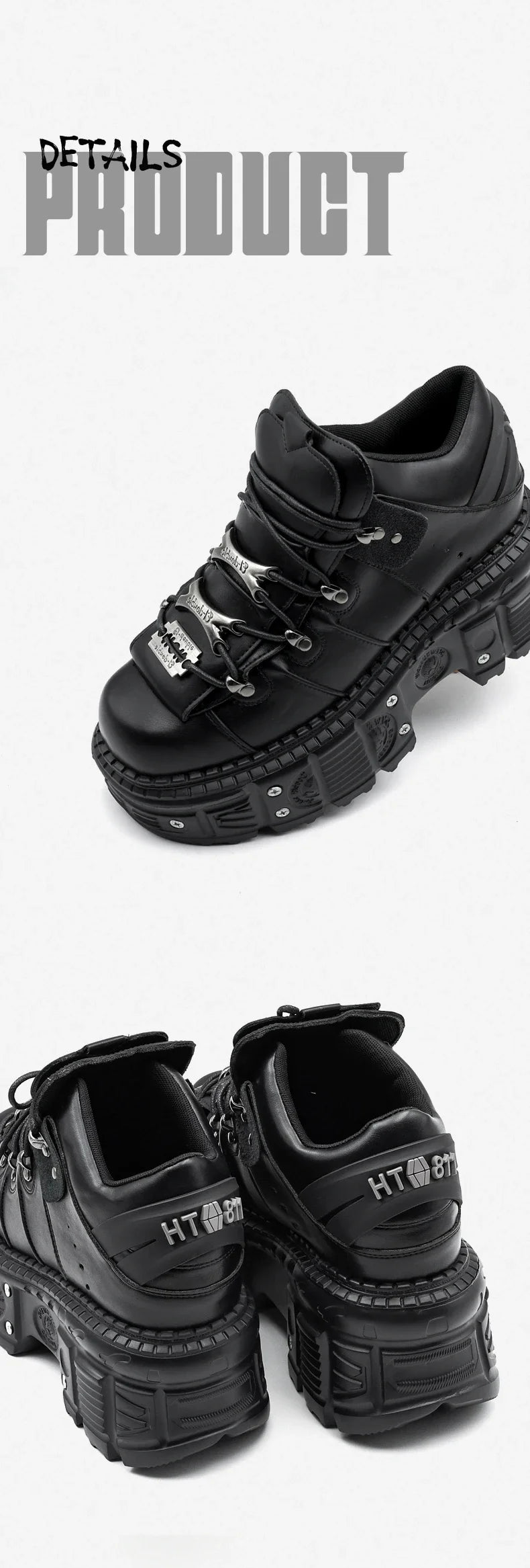 2025 Woman Sneakers New Punk Style Women Shoes Gothic Ankle Rock Boots Lace-up Heel Height Platform Shoes Woman Metal Decor