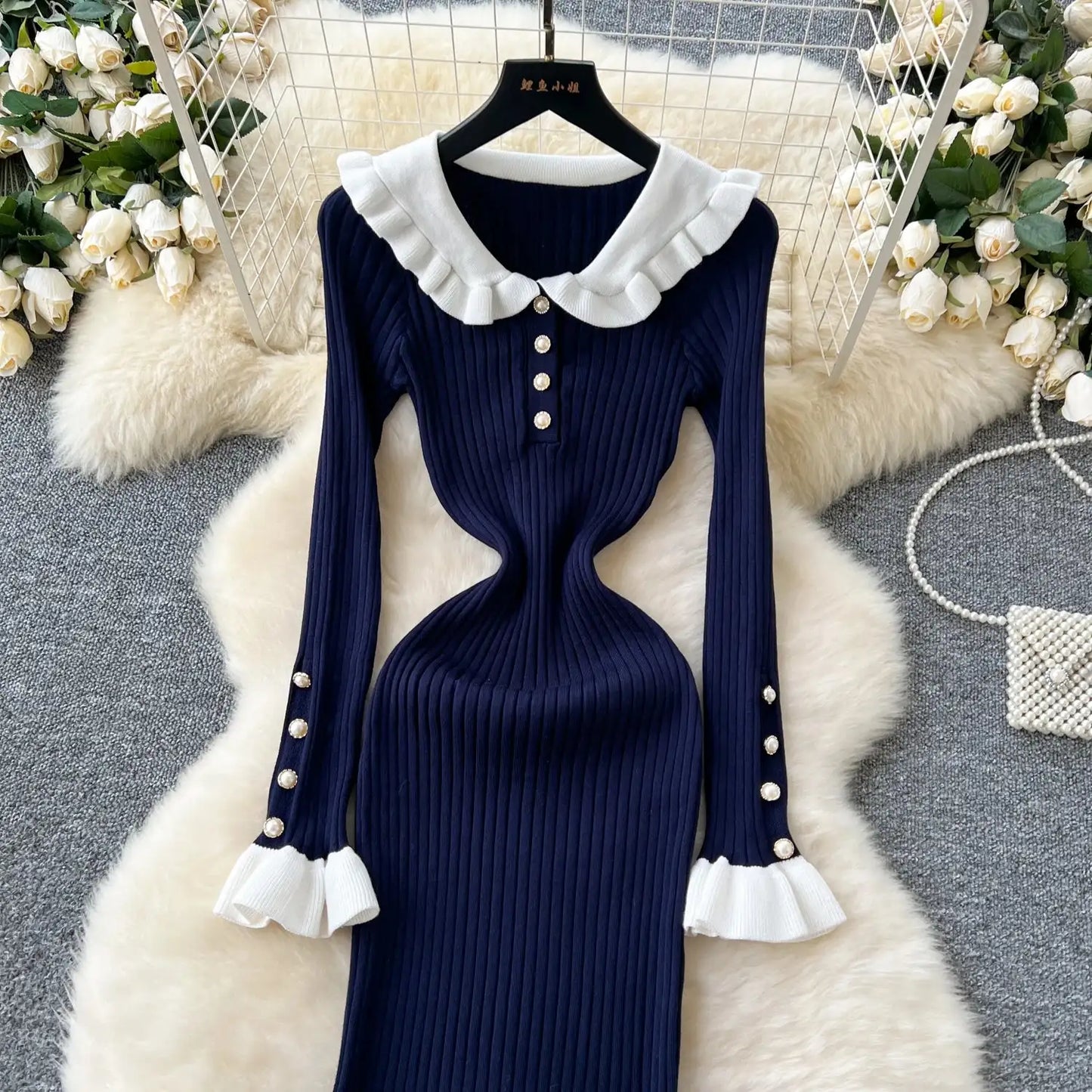 SINGREINY 2024 Hotsweet Slim Autumn Dress Women Peter pan Collar Long Sleeves Patchwork Preppy Style Mermaid Sweater Long Dress