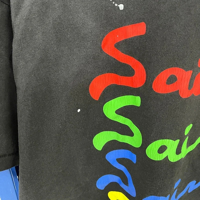 Men Women High Street Vintage Washed Black T-Shirt Top Quality Cototn TEE 3D Cracked Letters Logo Print Saint T Shirt With Tags - Premium  from Lizard Vigilante - Just $64.99! Shop now at Lizard Vigilante