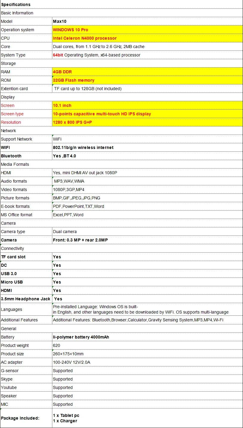 WINDOWS 11 Tablet PC 10.1 INCH 4GB DDR RAM 64GB ROM N3350 CPU 1920 x 1200 IPS Screen WIFI  Quad Core Dual Camera HDMI-Compatible