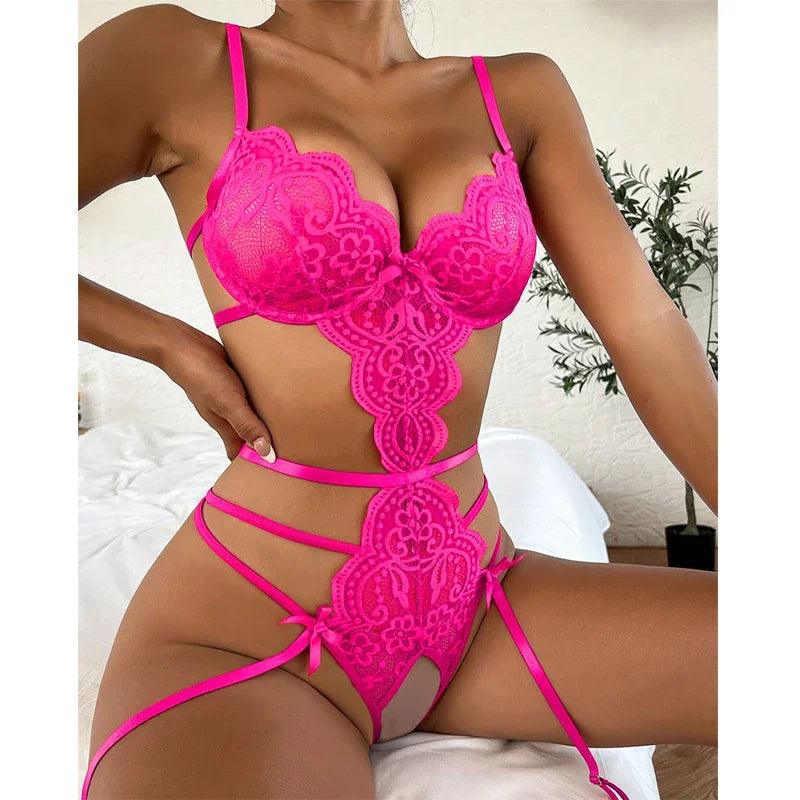 Lingerie Set Costume Female Crotchless Bodysuits Underwear Women Lace Sling Patchwork String Sheer Bra Set - Lizard Vigilante