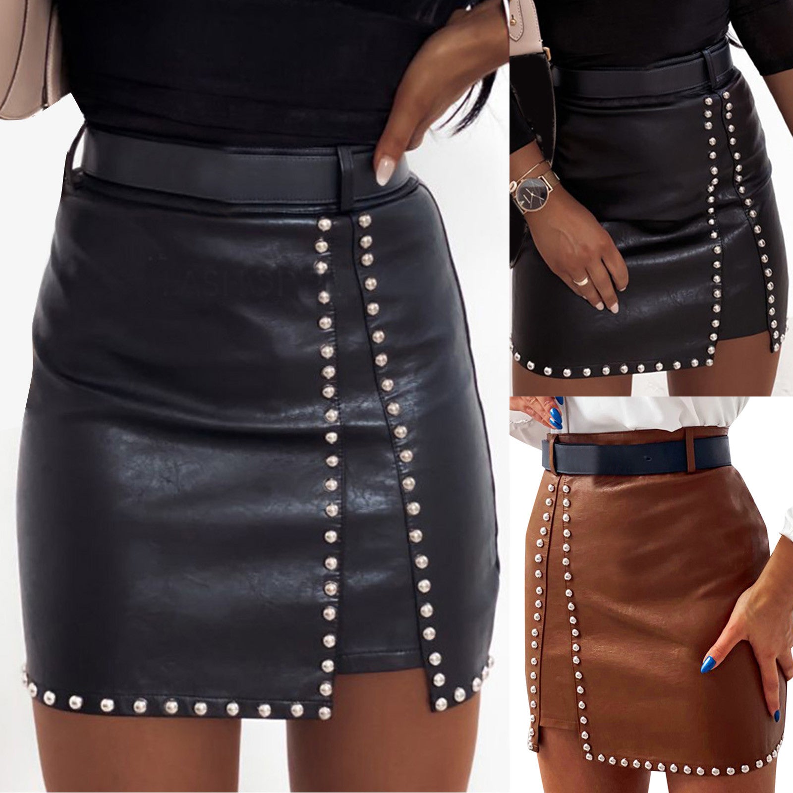 Sexy Girl Black PU Leather Mini Skirts Women High Waist Bodycon Front Split Studded Elegant Short Skirt Spring Autumn Streetwear - Premium  from Lizard Vigilante - Just $12.99! Shop now at Lizard Vigilante