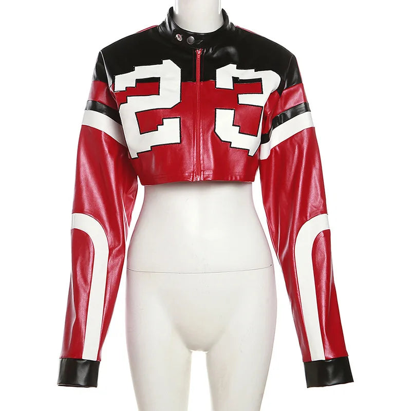 Crop Top Women's Leather Jacket Moto Biker Style Number Print Women's Jacket Fashion Outerwears Women's Moto Biker Zipper Jacket - Premium  from Lizard Vigilante - Just $58.99! Shop now at Lizard Vigilante