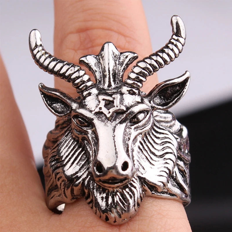 Retro Baphomet Sigil Ring – Large Punk Gothic Rock Open Ring for Men | Handmade Designer Biker Jewelry Gift" - Premium ring from Lizard Vigilante - Just $22.99! Shop now at Lizard Vigilante