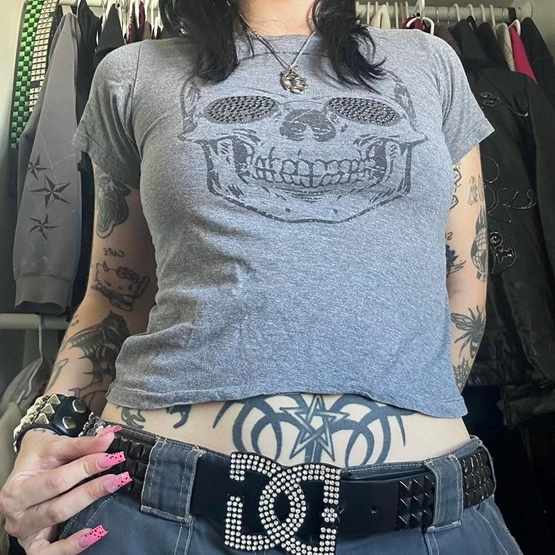 2000s Aesthetic Mall Goth E-girl Gothic T-shirt Retro Y2K Grunge Skull Wing Crop Tops Indie Graphic Print Short Sleeve Tee Women - Premium T-Shirt from Lizard Vigilante - Just $29.99! Shop now at Lizard Vigilante