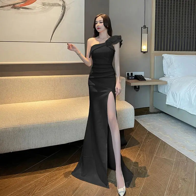 Evening Dress New Sexy Shoulder Split Floor-Dragging Long Soft Satin Dress - Open Back Host Car Model Wedding Pleat Dress - Premium dress from Lizard Vigilante - Just $63.88! Shop now at Lizard Vigilante