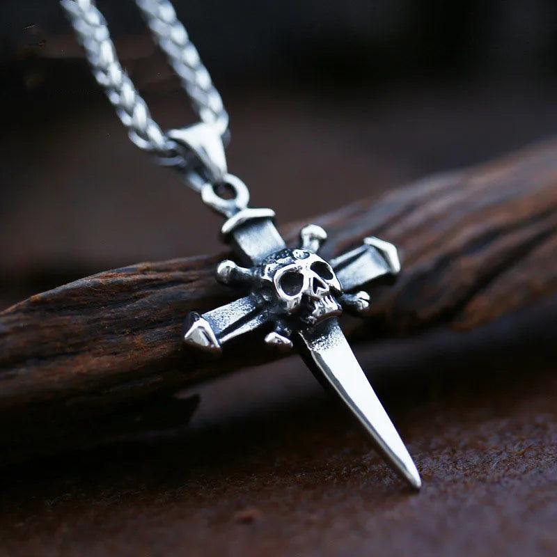 Retro Gothic Skull Ghost Head Christian Cross Pendant Necklace Men's Personalized Punk Trend Cool Jewelry - Lizard Vigilante