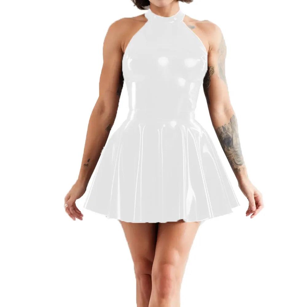 Shiny Sleeveless A-Line Pleated Mini Dress Halter Neck Skater Wet PVC Leather Swing Skirt Dress Latex-look Clubwear - Lizard Vigilante