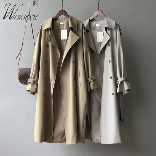 Long Trench Coats for Women With Belt - Double Breasted, Big Size, Korean Windbreaker - Premium jacket from Lizard Vigilante - Just $62.88! Shop now at Lizard Vigilante