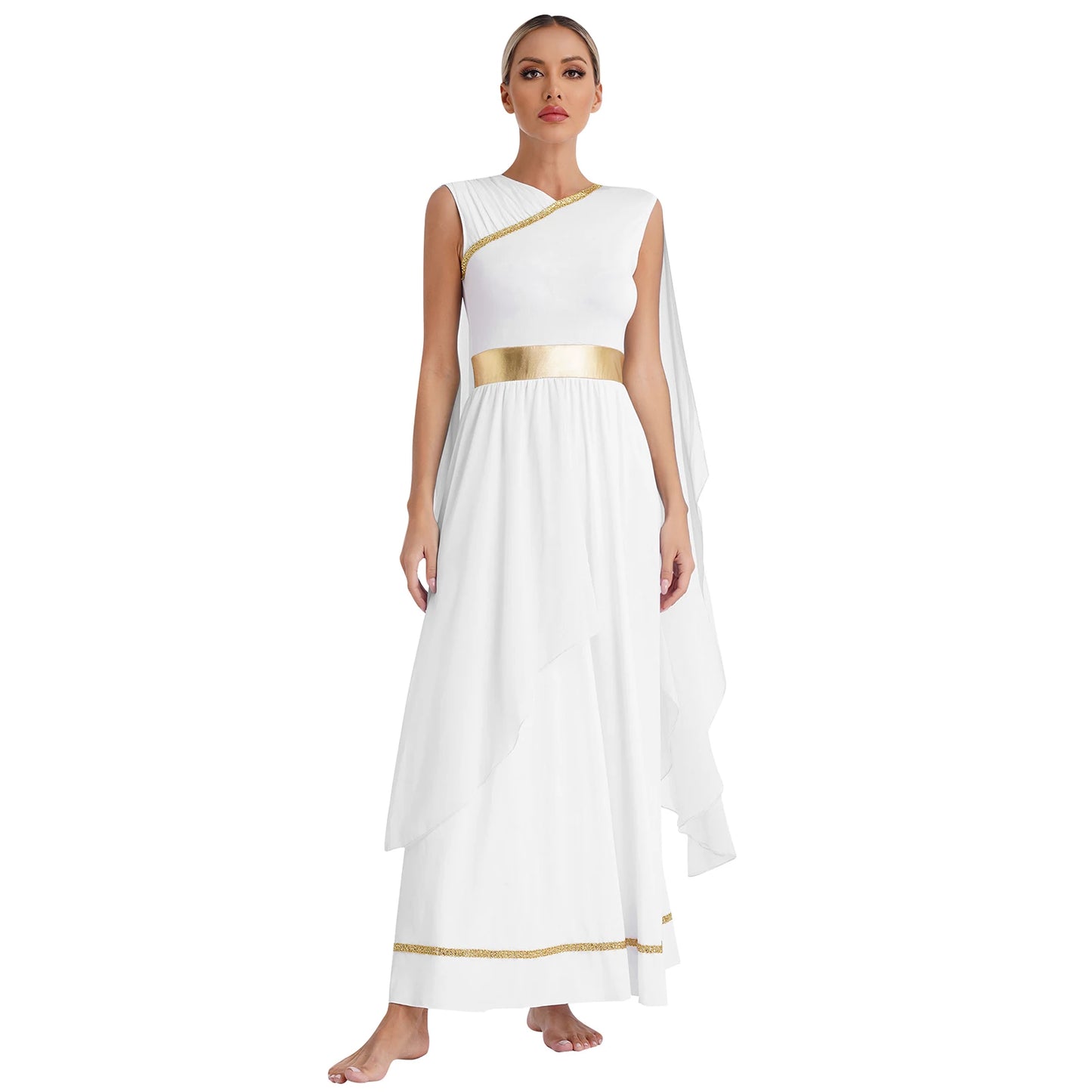 Women's Greek Halloween Deity Cosplay Costume Chiffon Gold Trims Ancient Bodycon Toga Dress Greece Roman Goddness Queen Role Play Robe - Premium Cosplay Costumes from Lizard Vigilante - Just $42.99! Shop now at Lizard Vigilante