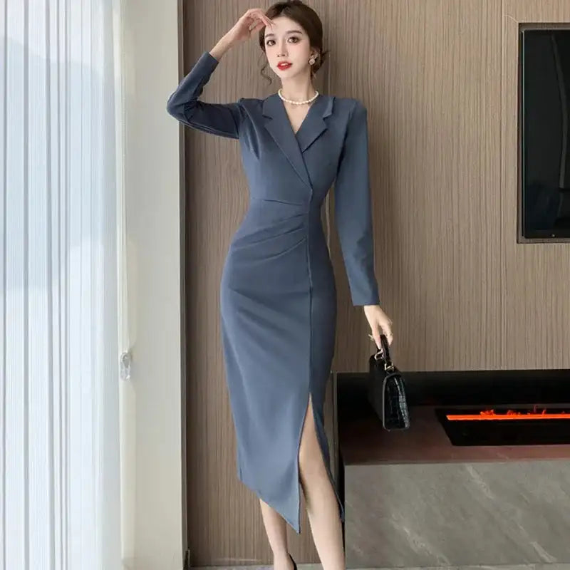 Women Pink Pleated Bodycon Formal Long Dress Autumn Winter Long Sleeve Chic Suit Dress 2025 Korean Fashion Elegant Party Dresses