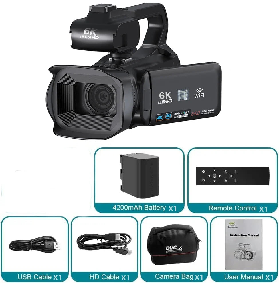 KOMERY YouTube Camcorder 6K HD Professional Camera 64MP Streaming Camcorder 4"Touch Screen Digital Video Vlog Camera Photography