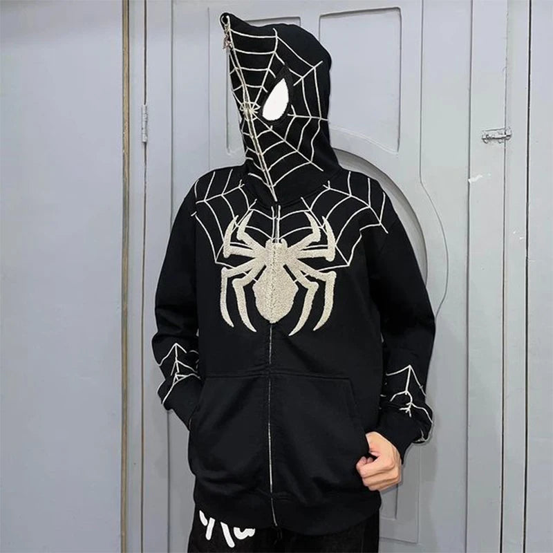 Y2k Men Spider Print Hoodies Women Hip Hop Zipper Long Sleeve Jacket Coats Autumn Winter Harajuku Casual Loose Hooded Sweatshirt - Premium Long-sleeve hoodie from Lizard Vigilante - Just $49.99! Shop now at Lizard Vigilante