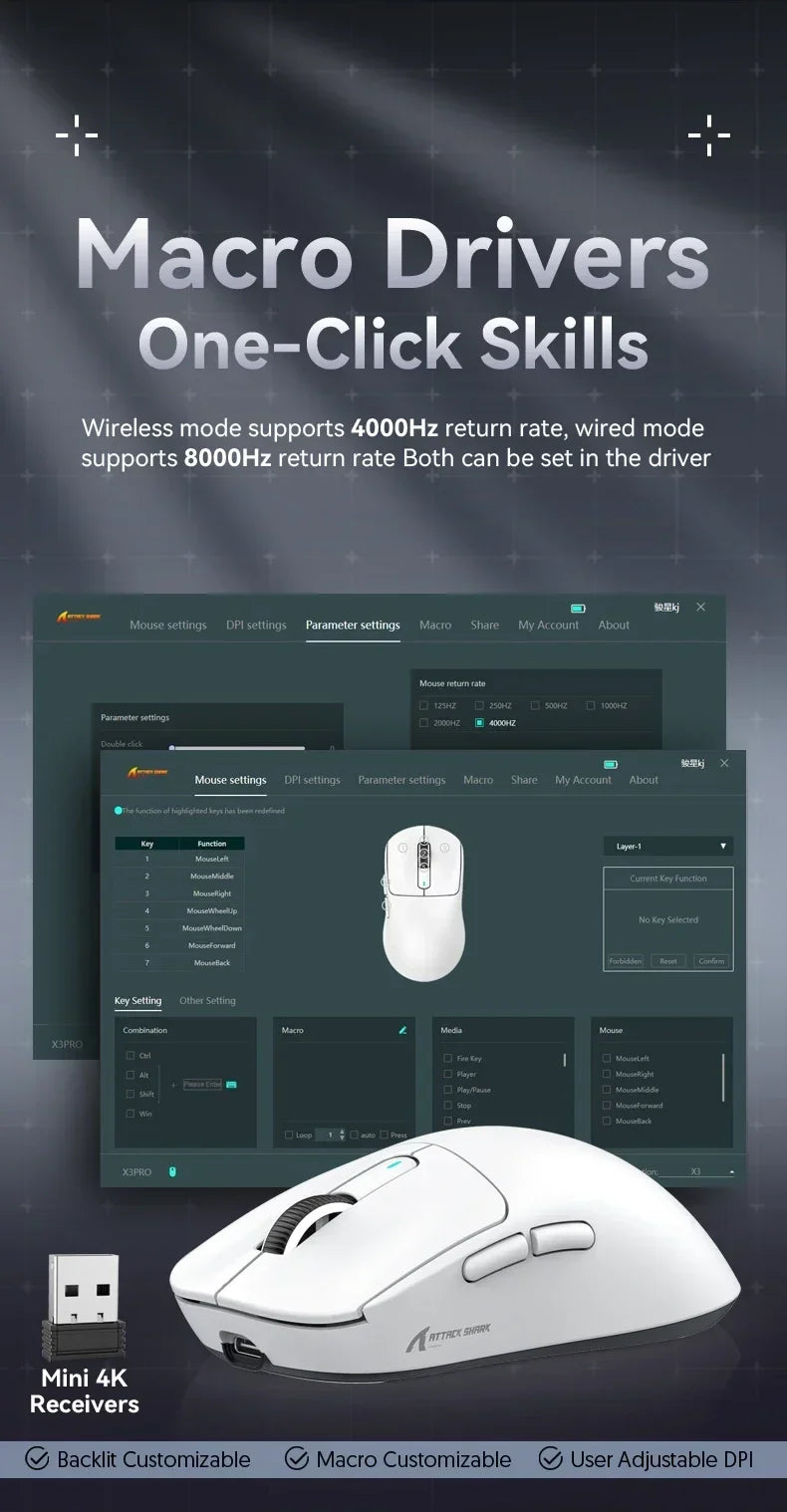 Attack Shark X3Pro Wireless  Gaming Mouse PixArt PAW3395 26000dpi Bluetooth Optical Mouse Tri-Mode Connection Macro Gaming Mouse