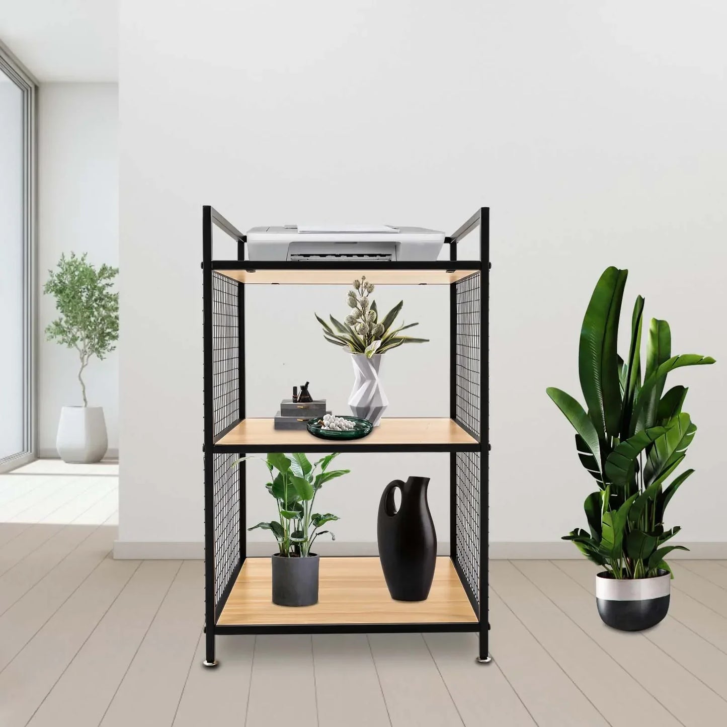 3-Tier Printer Stand Solid Wood & Iron, 44lbs Capacity, Space-Saving Design, Ideal for Office & Home Storage, Durable & Stylish